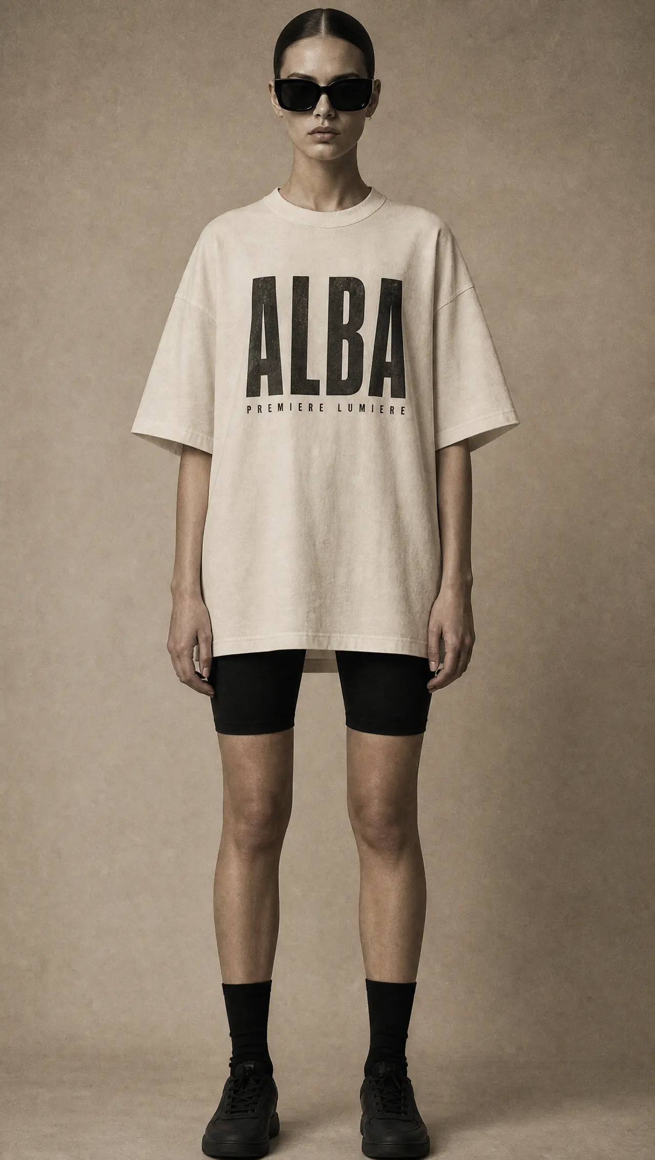 Photographie de mode éditoriale, une femme debout de face en lunettes noires porte un t-shirt oversize écru imprimé ALBA, fond studio greige, registre quasi monochrome