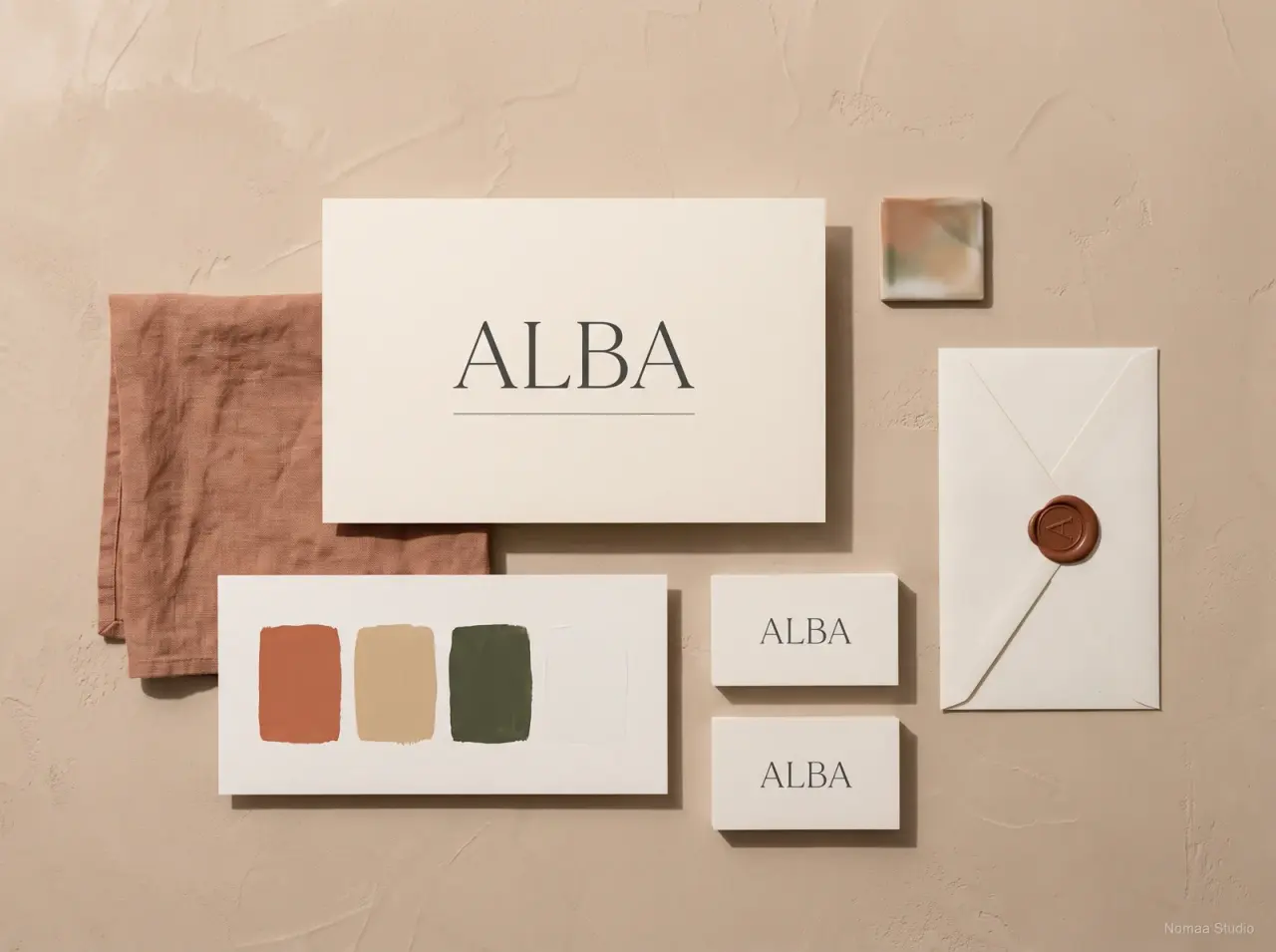 Identité ALBA à plat sur enduit anthracite, carte au logotype en serif, nuancier peint à la main et enveloppe cachetée à la cire, lumière chaude venant du haut à gauche