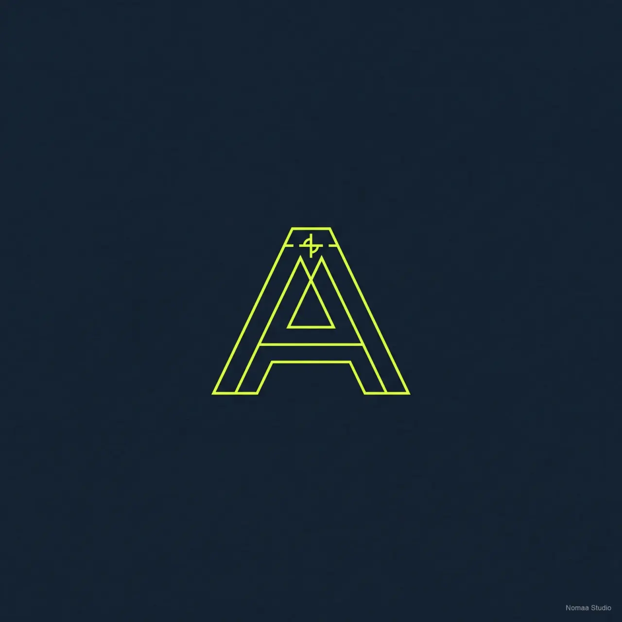 Monogramme ARPENT, lettre A construite en traits fins d'architecte avec sa croix de géomètre, sur fond bleu nuit