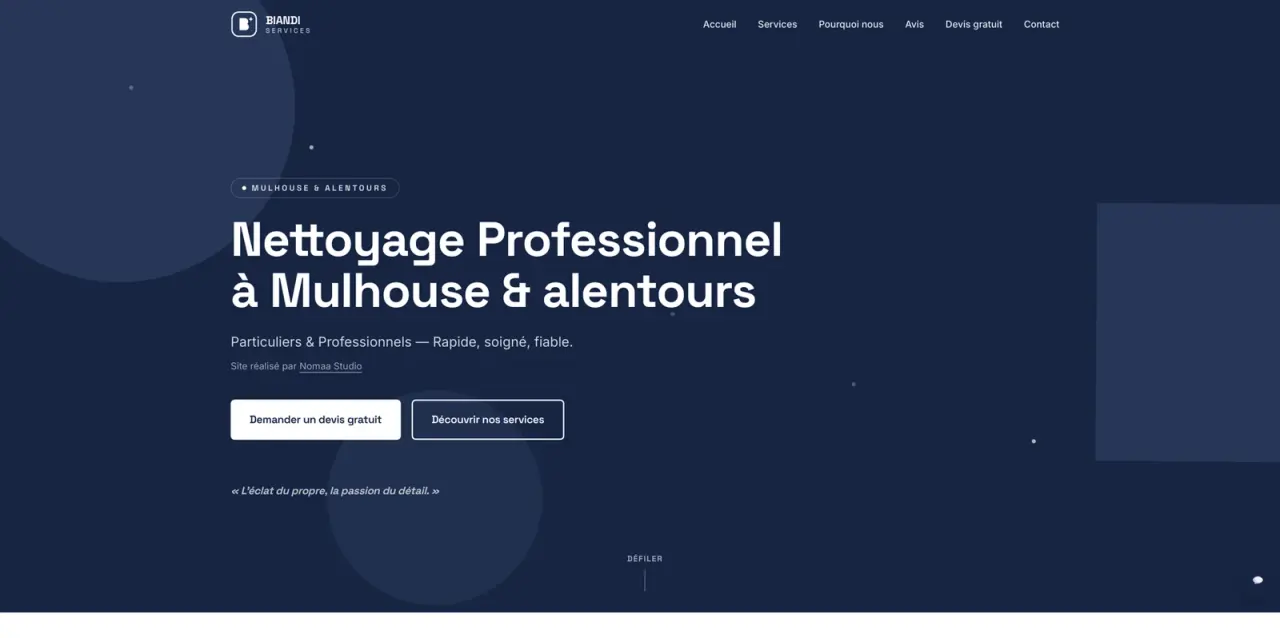 Page d'accueil du site Biandi Services, fond bleu nuit, hiérarchie franche et double appel à l'action