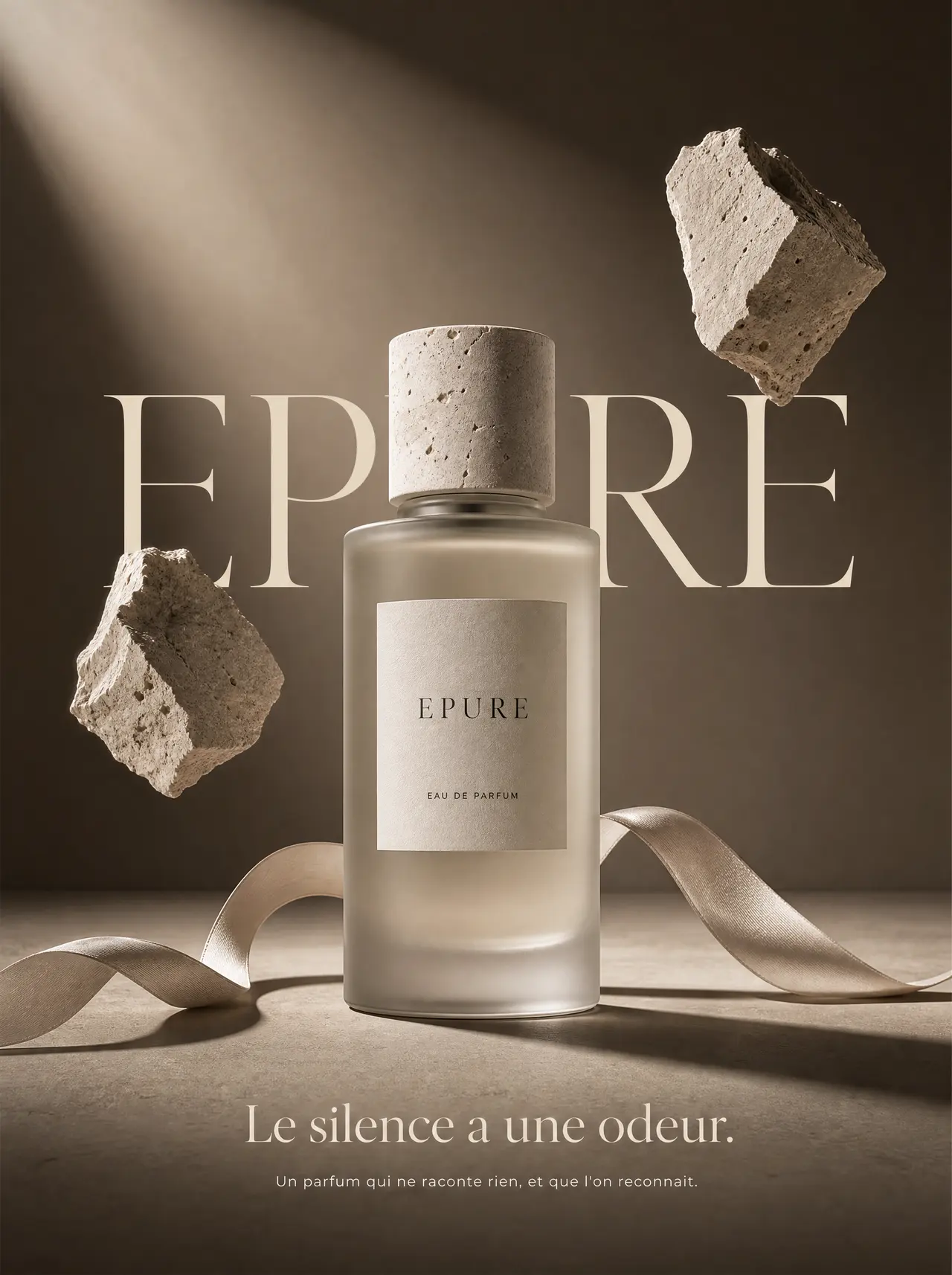 Affiche publicitaire EPURE, flacon de parfum en verre dépoli devant le nom en très grand format, fragments de pierre en suspension et ruban de soie
