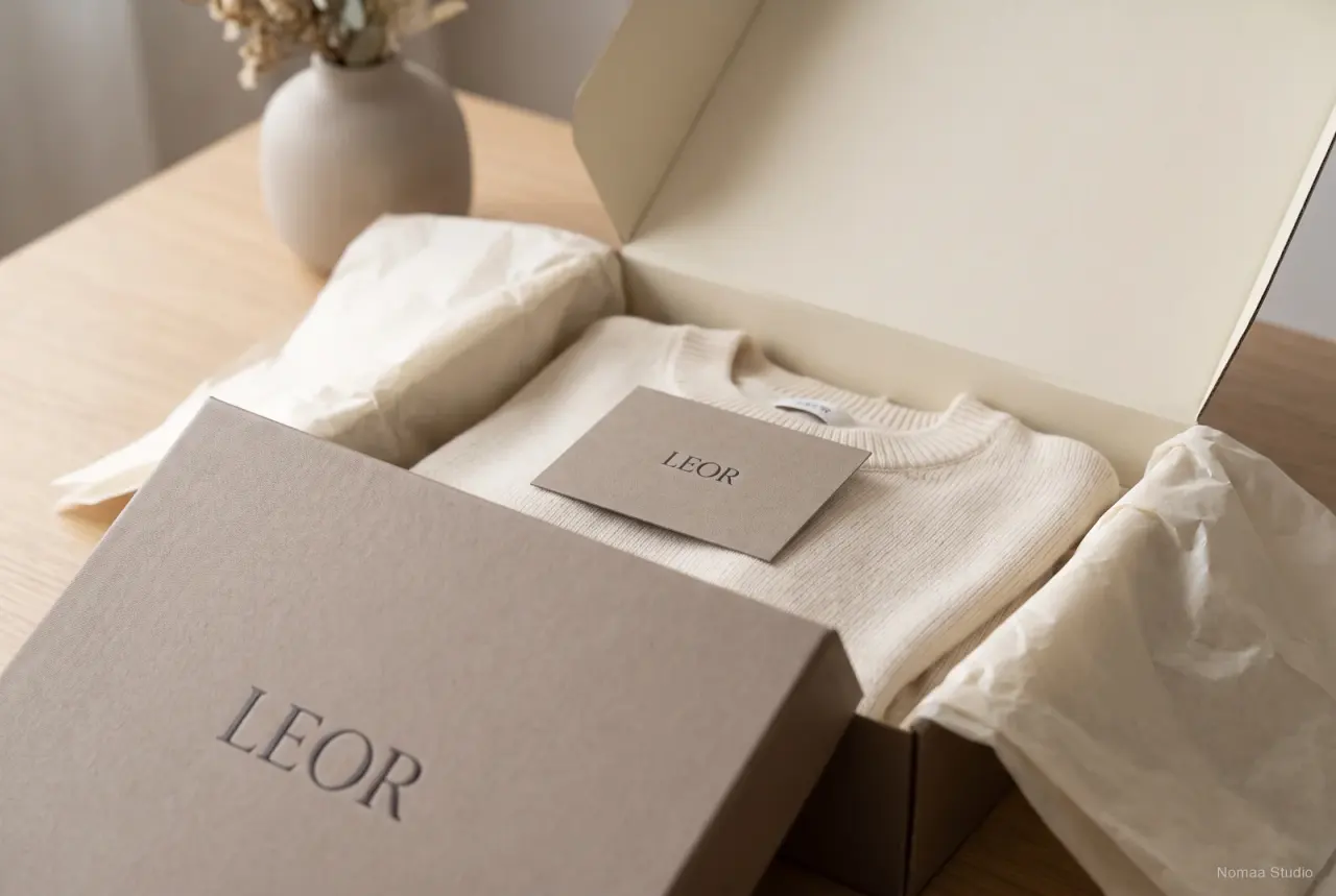 Coffret e-commerce LEOR ouvert sur un plateau de noyer sombre, monogramme gaufré sur le couvercle, unique nappe de lumière tombant sur la boîte