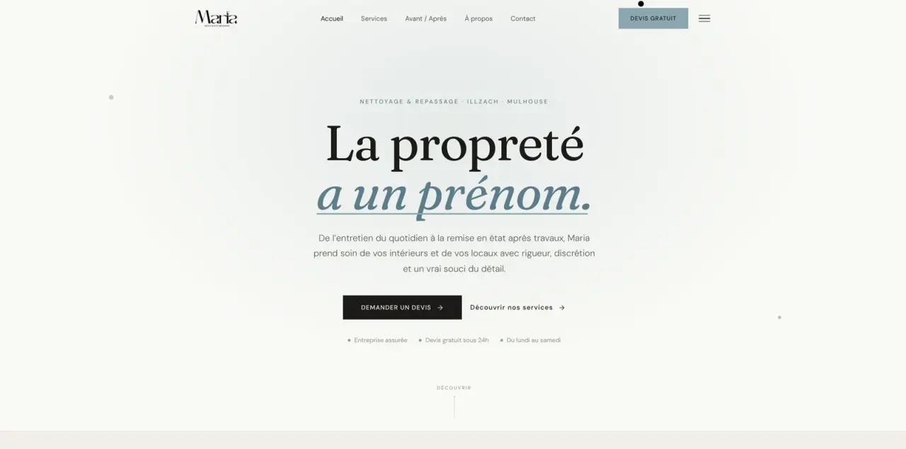 Page d'accueil du site Maria Services, composition éditoriale claire et titre en serif