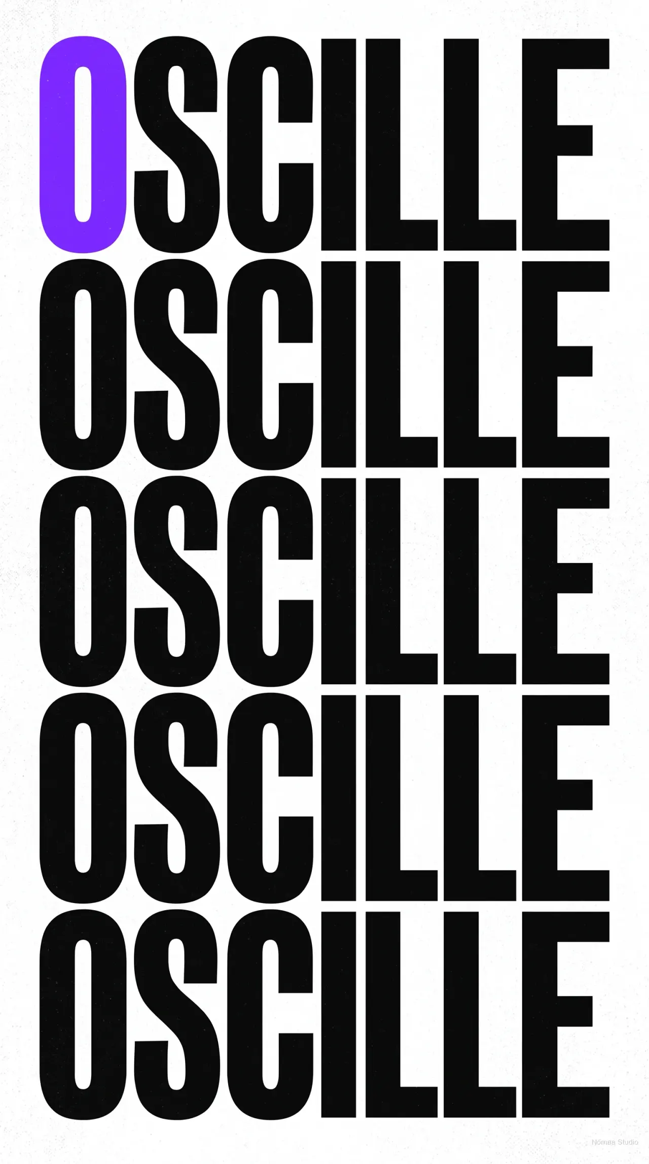 Affiche typographique, le mot OSCILLE répété cinq fois en capitales condensées noires, un seul O rempli en violet
