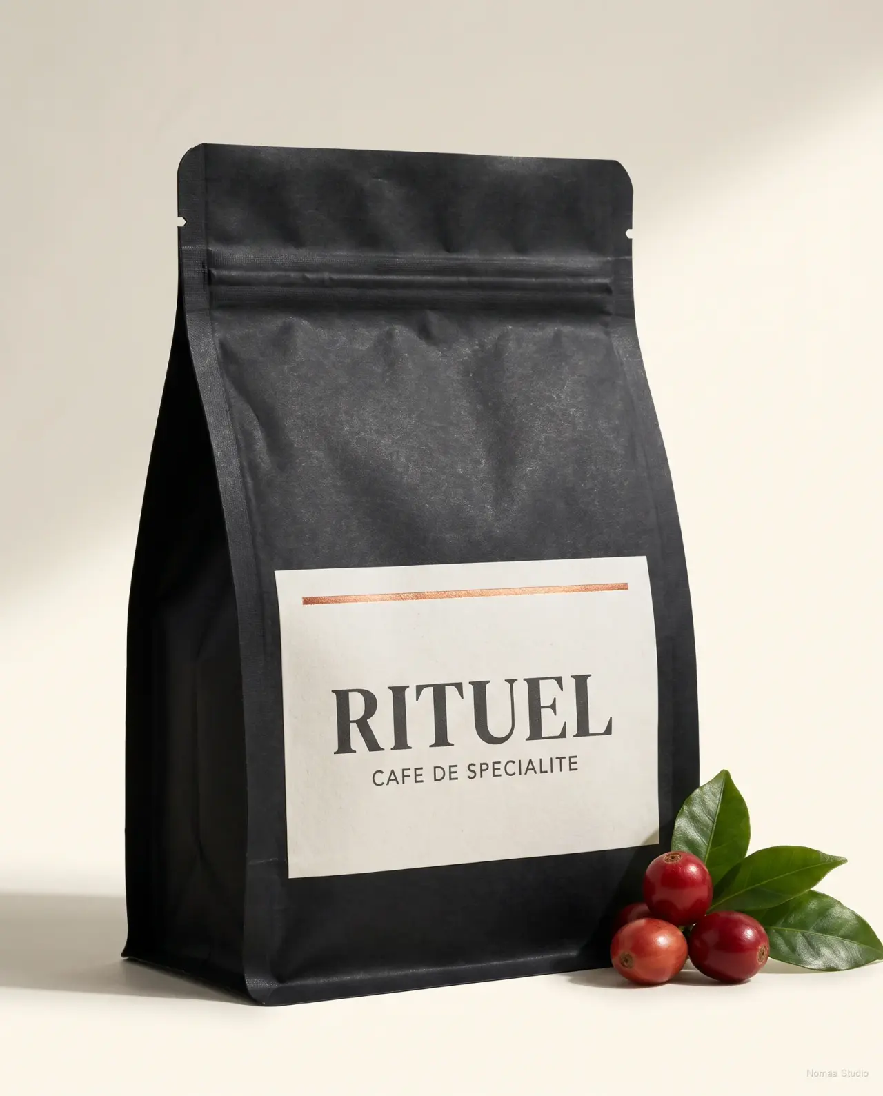 Sachet de café RITUEL en papier noir mat, étiquette claire soulignée d'un filet cuivre, cerises de café fraîches