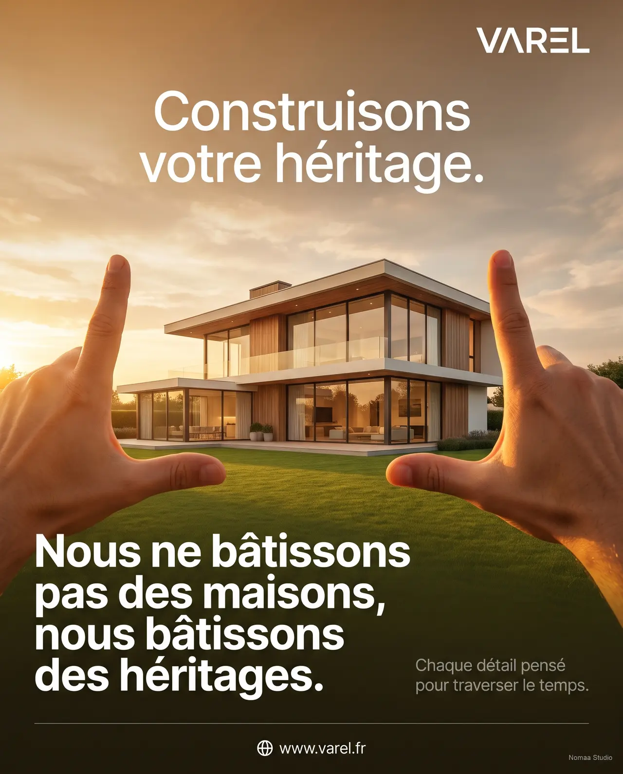 Affiche immobilière VAREL, maison contemporaine au coucher du soleil cadrée entre deux mains, titre Construisons votre héritage